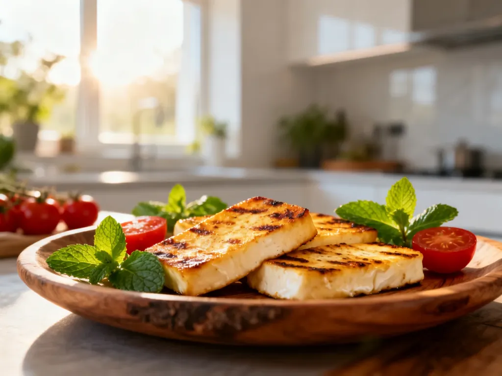 Złociste plastry grillowanego sera halloumi z miętą i pomidorkami koktajlowymi na drewnianym talerzu.