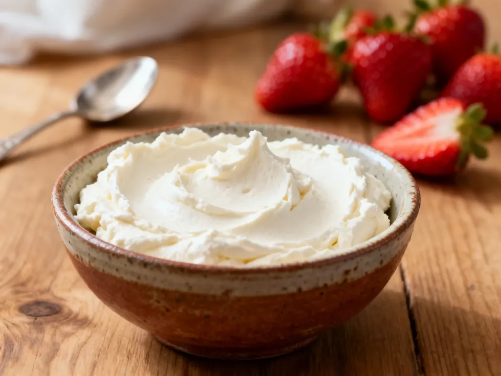 Kremowy serek mascarpone w rustykalnej miseczce ze świeżymi truskawkami na drewnianym stole.