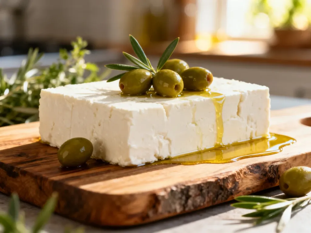 Kawałek sera feta na drewnianej desce z oliwkami i oliwą, w śródziemnomorskim klimacie.