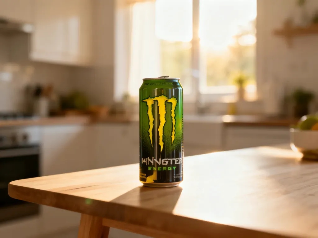 Puszka napoju energetycznego na drewnianym stole w jasnej kuchni, podkreślająca nowoczesny i świeży charakter produktu.