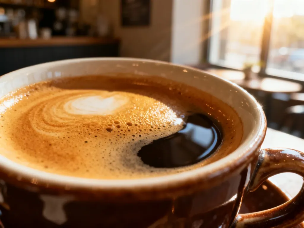 Świeżo zaparzone espresso w ceramicznej filiżance z wyraźną, gęstą warstwą złocistej cremy.