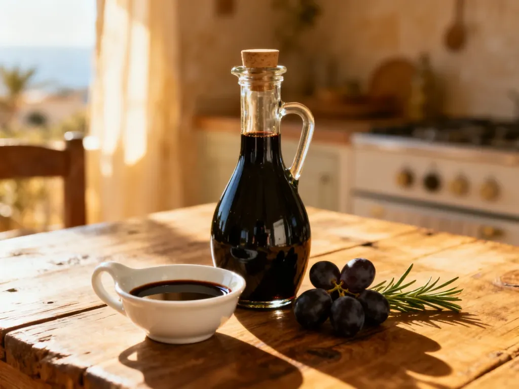 Butelka octu balsamicznego z miseczką glazury, świeżymi winogronami i rozmarynem na rustykalnym drewnianym stole.