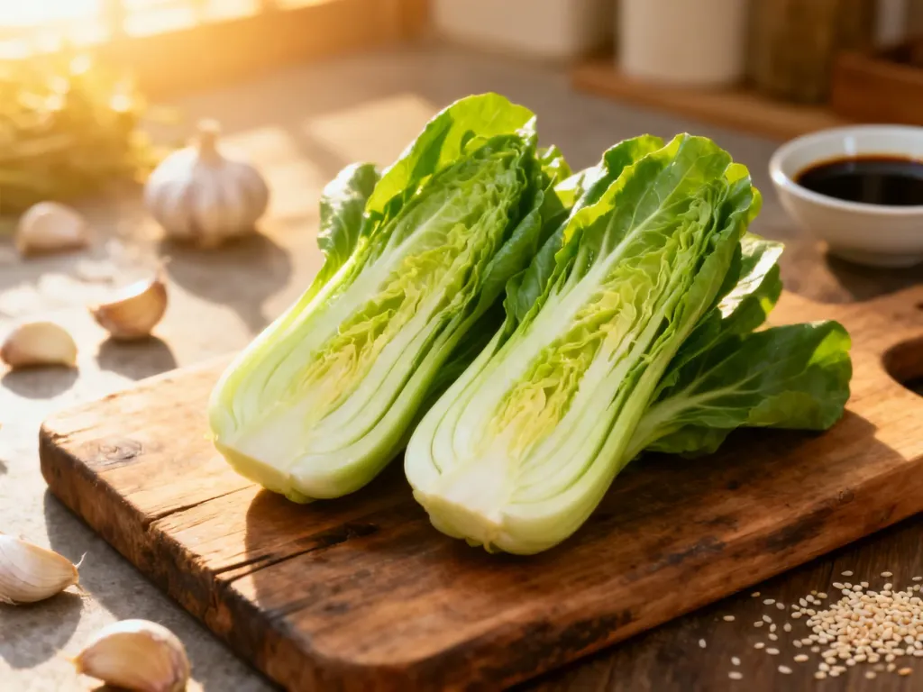 Świeża kapusta pak choi przekrojona na pół na drewnianej desce, w otoczeniu czosnku, sosu sojowego i ziaren sezamu.