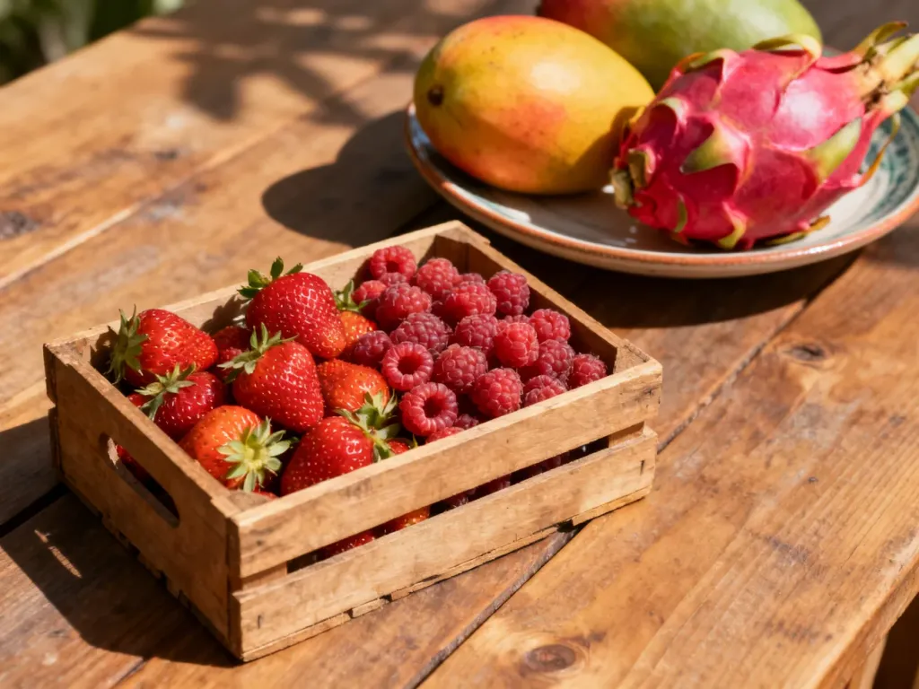 Drewniany stół z kontrastującym zestawieniem świeżych polskich jagód oraz egzotycznych owoców, takich jak mango i pitaja.