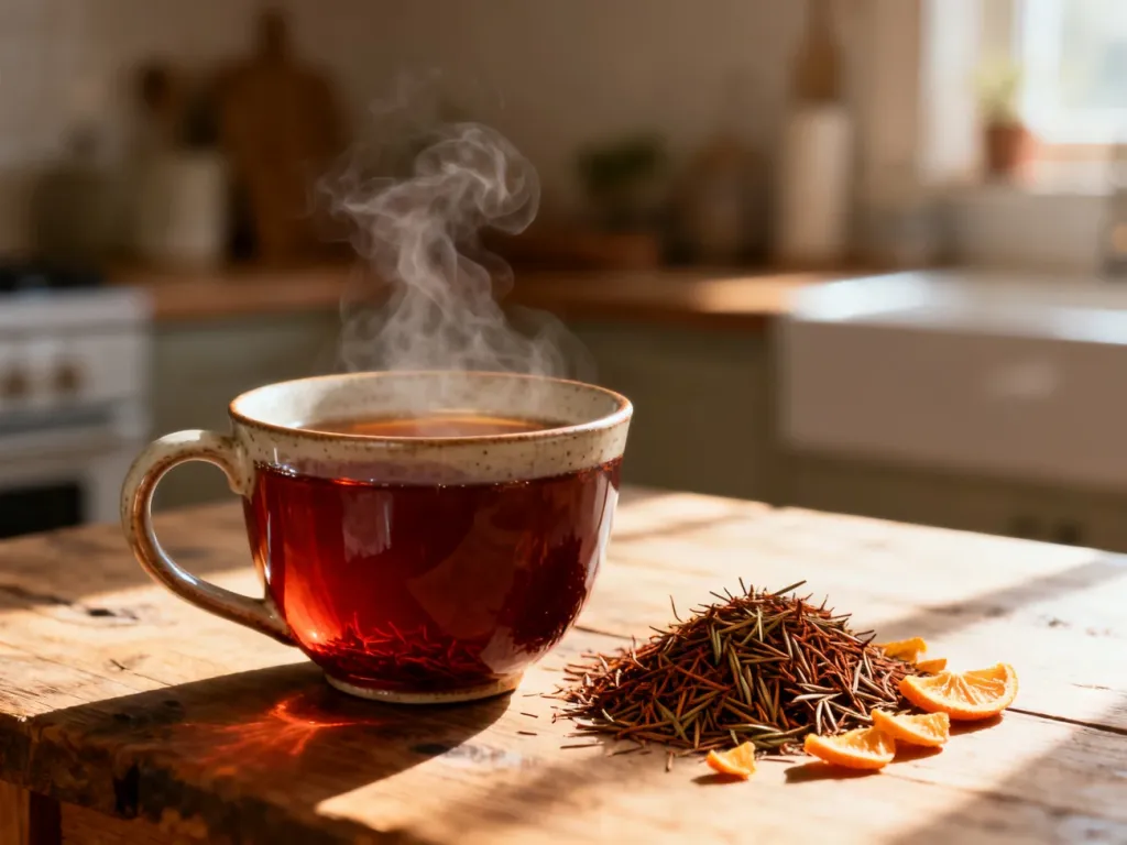 Parująca filiżanka herbaty rooibos z suszonymi liśćmi i plastrami pomarańczy na drewnianym stole w ciepłym świetle poranka.