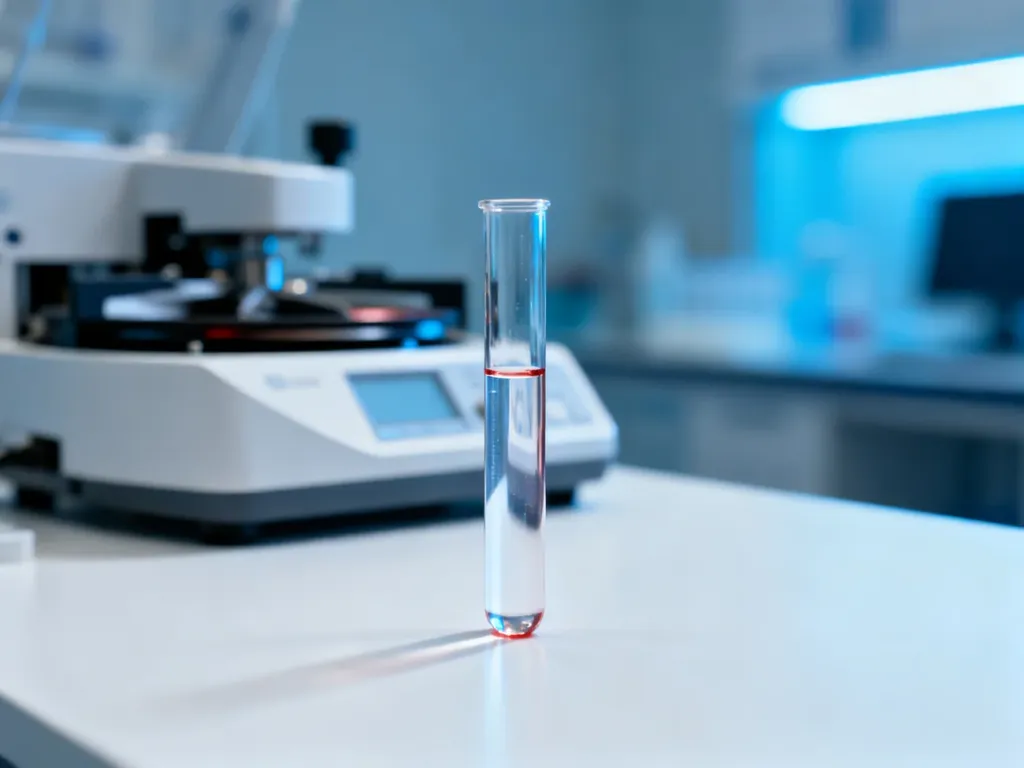 Probówka z próbką krwi na tle nowoczesnego laboratorium medycznego, gotowa do badania poziomu triglicerydów.