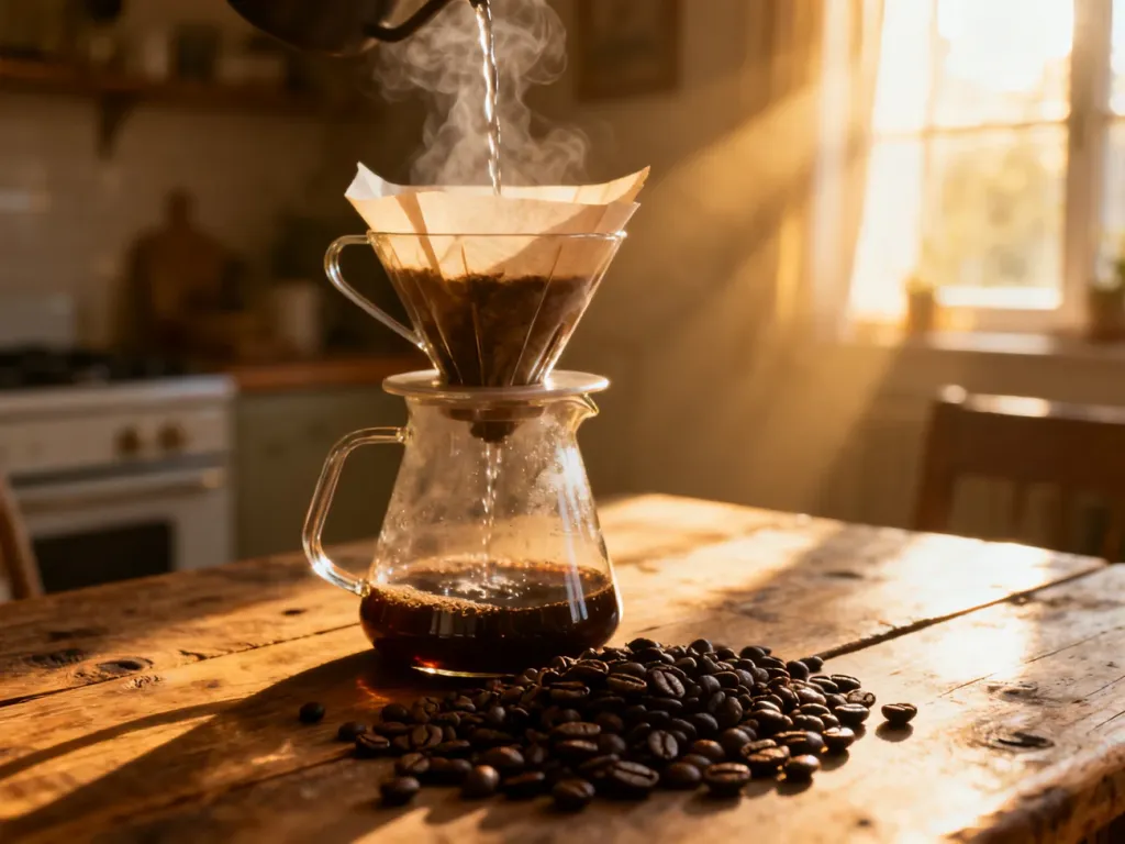 Szklany dripper z parującą kawą na drewnianym stole w promieniach porannego słońca. Idealne ujęcie procesu parzenia kawy metodą drip.