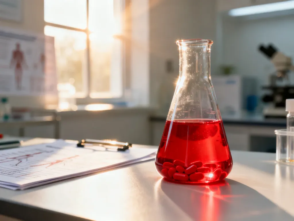 Szklana zlewka z czerwonym suplementem witaminy B12 w profesjonalnym laboratorium.