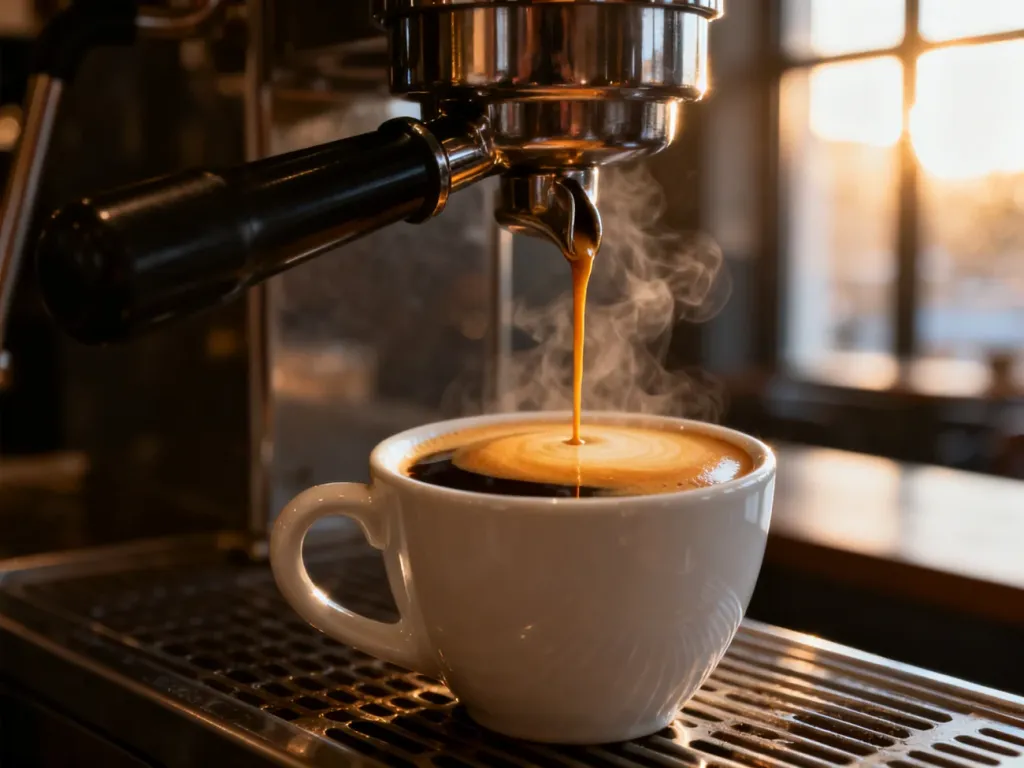 Strumień świeżego espresso z gęstą cremą wpadający do białej filiżanki w profesjonalnym ekspresie kolbowym.