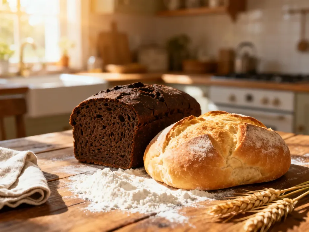 Bochenek ciemnego chleba żytniego obok puszystego chleba pszennego na rustykalnym stole w słonecznej kuchni.