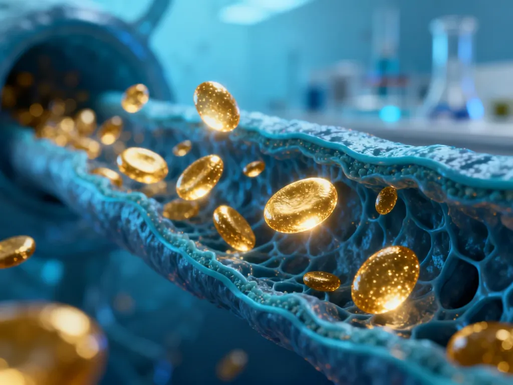 Ilustracja medyczna przedstawiająca cząsteczki cholesterolu LDL krążące wewnątrz ludzkiego naczynia krwionośnego.
