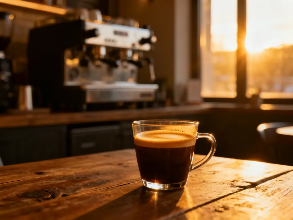 Podwójne espresso w szklance z gęstą cremą, ustawione na drewnianym stole w klimatycznej kawiarni.