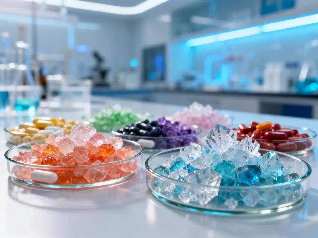 Kolorowe kryształki aminokwasów w szklanych naczyniach laboratoryjnych na tle nowoczesnego laboratorium biochemicznego.