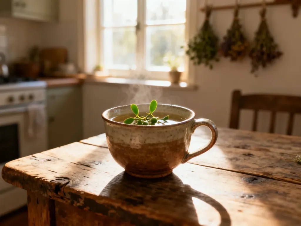 Rustykalny ceramiczny kubek z naparem z jemioły na drewnianym stole w przytulnej, słonecznej kuchni.