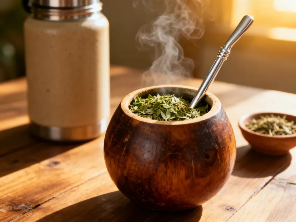 Tradycyjne naczynie z yerba mate i bombillą na drewnianym stole w ciepłym świetle poranka.