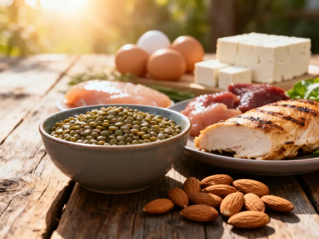 Różnorodne produkty wysokobiałkowe, takie jak kurczak, soczewica, migdały, jajka i tofu, ułożone na drewnianym stole.