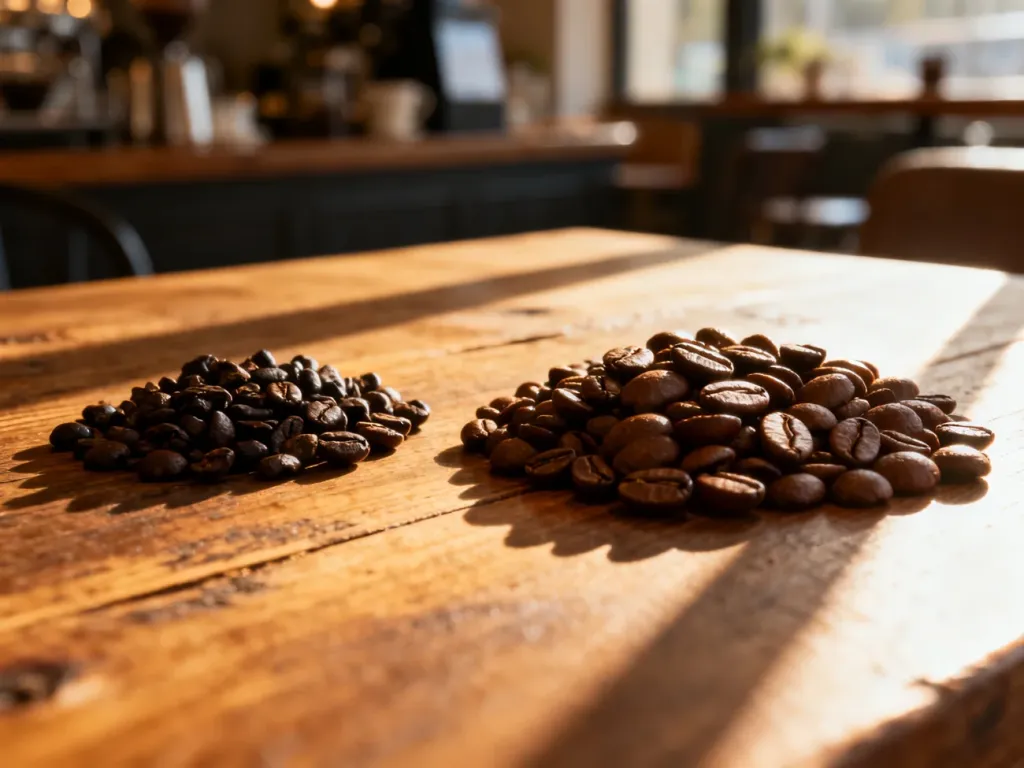 Porównanie ziaren kawy robusta i arabica ułożonych obok siebie na drewnianym stole w ciepłym świetle poranka.