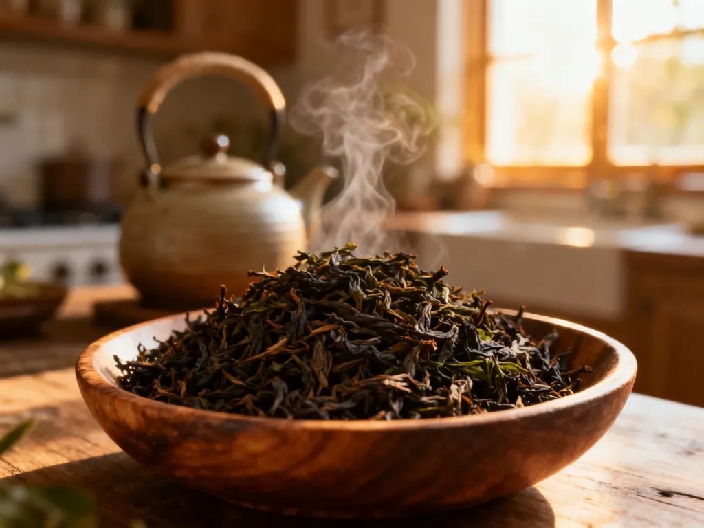 Suszone liście herbaty Pu-erh w drewnianej miseczce na tle parującego czajnika w przytulnej kuchni.
