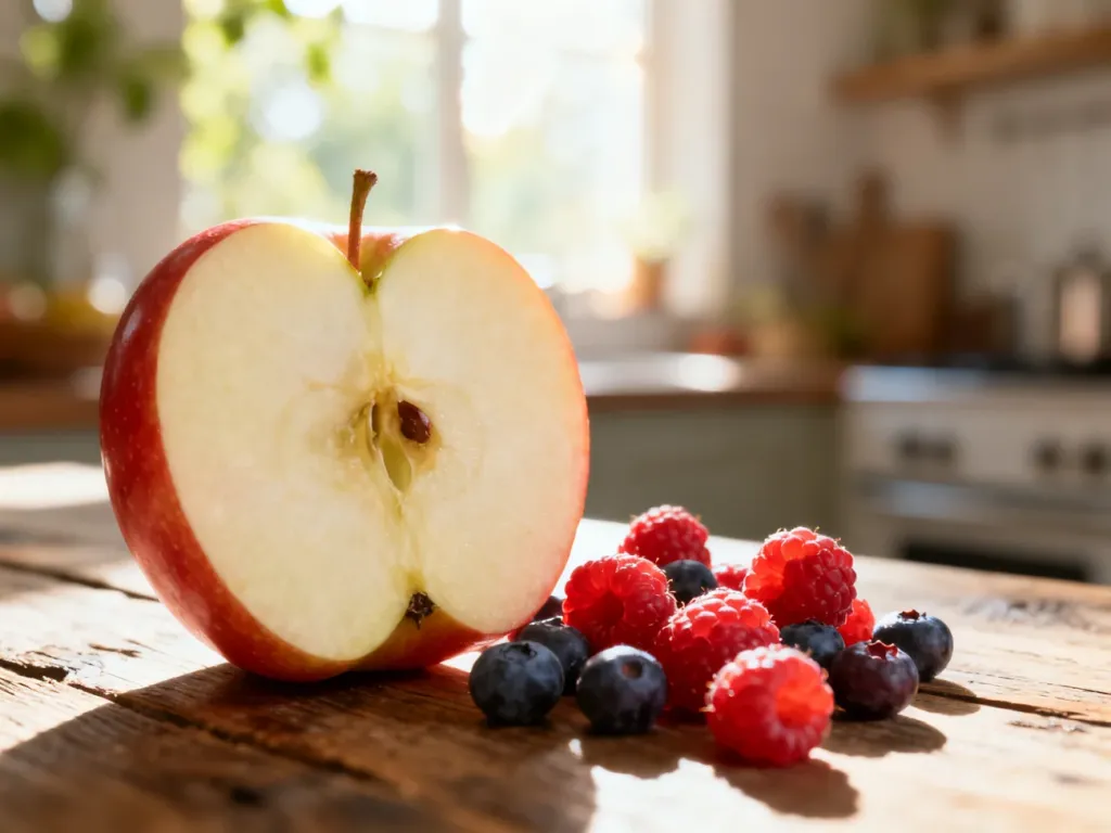 Świeże jabłko i owoce jagodowe na drewnianym stole, podkreślające naturalne źródła fruktozy w diecie.