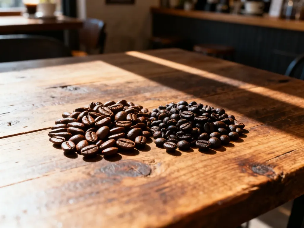 Porównanie ziaren kawy arabica i robusta ułożonych obok siebie na drewnianym stole w świetle poranka.