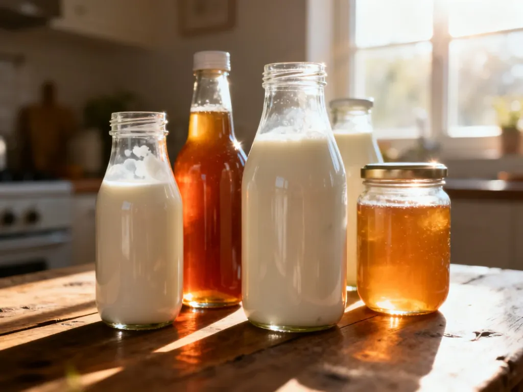 Różnorodne napoje probiotyczne, takie jak kefir i kombucha, ustawione na rustykalnym drewnianym stole w promieniach słońca.