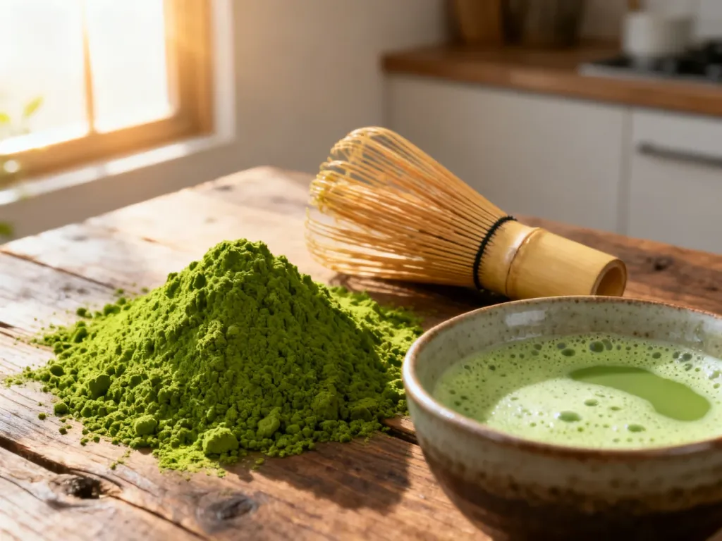 Jaskrawozielony proszek matcha, bambusowa miotełka oraz miseczka z gotową herbatą na drewnianym blacie w świetle poranka.