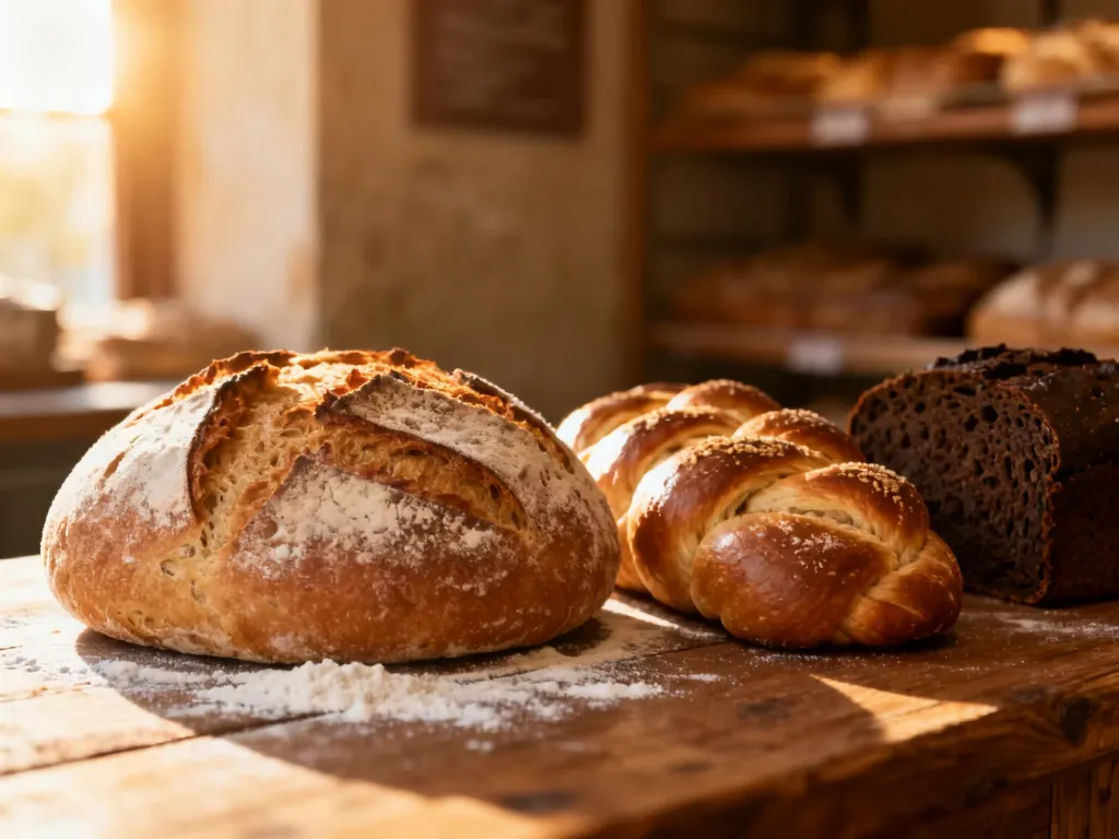 Różnorodne bochenki świeżo upieczonego chleba rzemieślniczego na drewnianym stole w przytulnej piekarni.