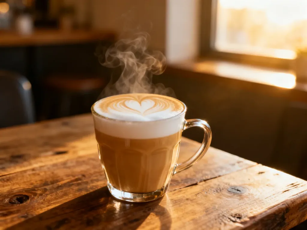 Szklanka gorącego latte z serduszkiem z pianki na drewnianym stole w przytulnej kawiarni.
