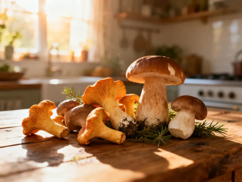 Świeże kurki i borowiki ułożone na rustykalnym drewnianym stole w słonecznej kuchni.
