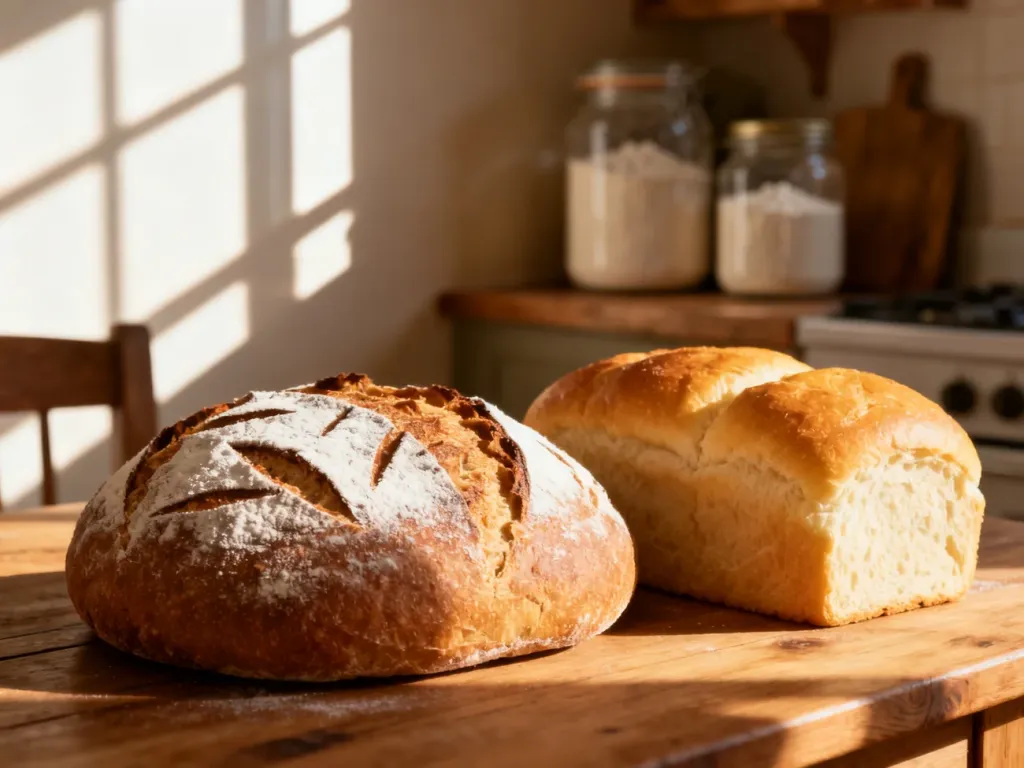 Dwa bochenki chleba na drewnianym stole: chrupiący chleb na zakwasie oraz miękki bochenek na drożdżach w słonecznej kuchni.