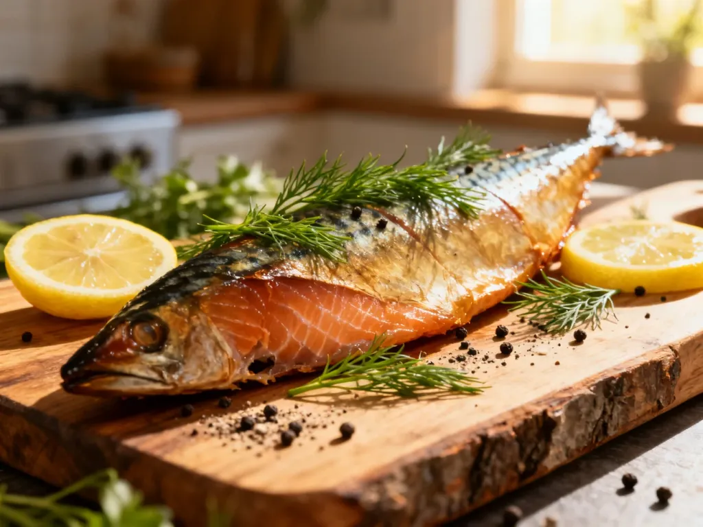 Apetyczny filet wędzonej ryby podany na drewnianej desce z koperkiem, cytryną i pieprzem w przytulnej kuchni.