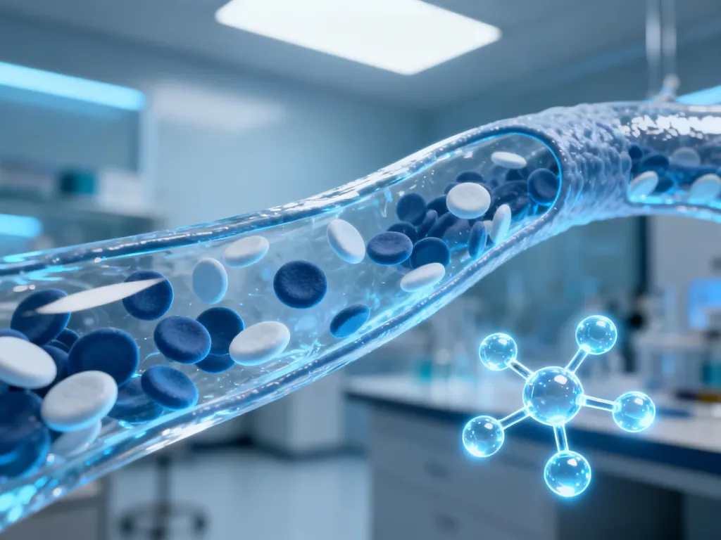 Wizualizacja układu krwionośnego z cząsteczkami cholesterolu, obrazująca procesy zachodzące w naczyniach krwionośnych.