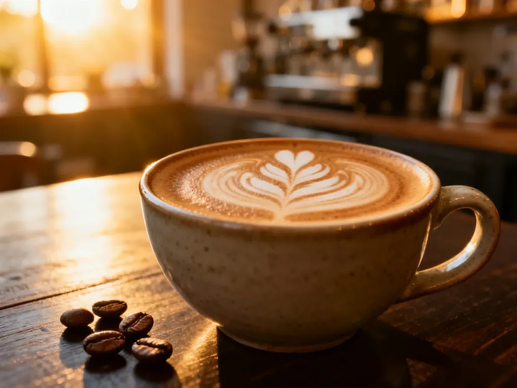 Filiżanka kawy speciality z latte art na tle palarni, obok której leżą ziarna kawowca.