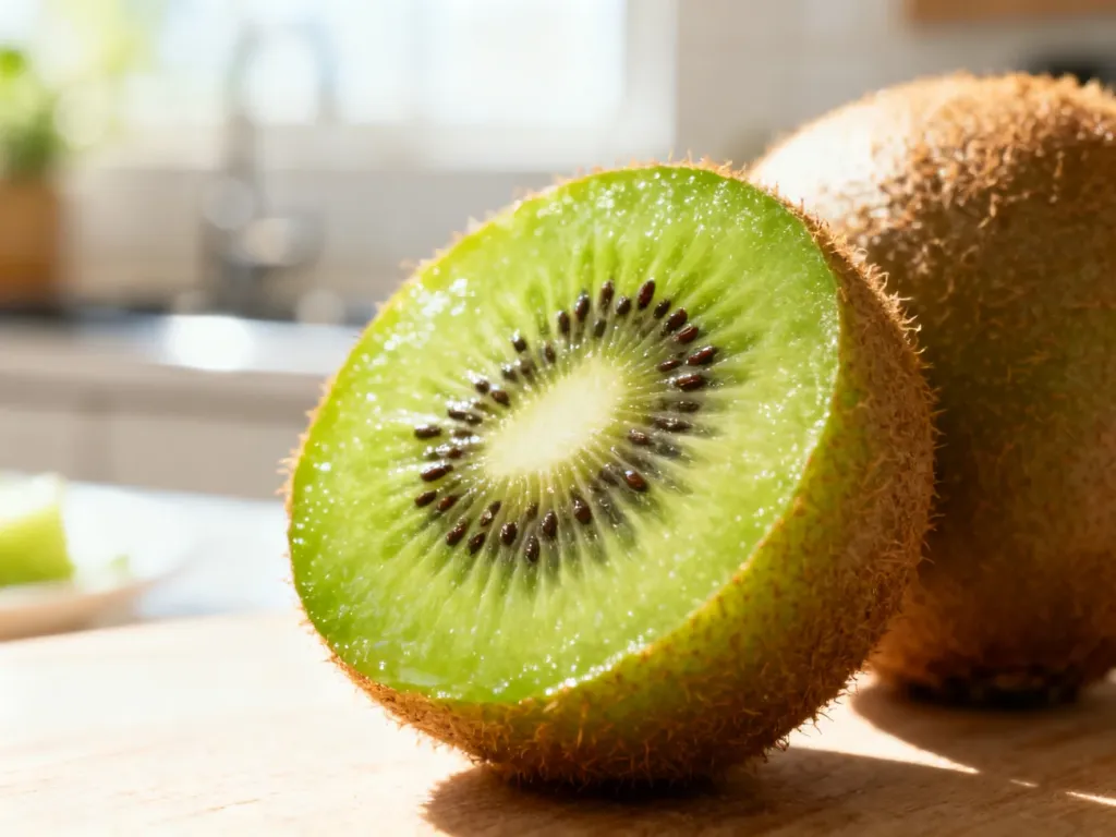 Świeży, przekrojony owoc kiwi z widocznym miąższem i nasionami, podkreślający jego soczystość oraz zdrowy charakter.