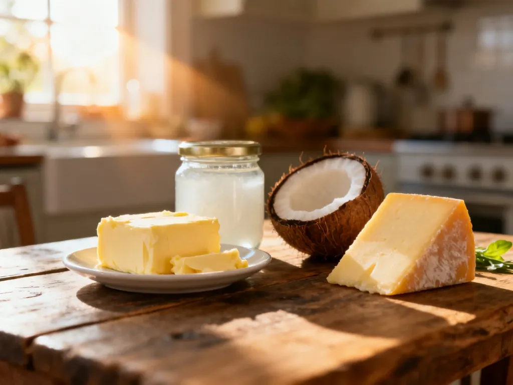 Produkty spożywcze bogate w nasycone kwasy tłuszczowe, takie jak masło, olej kokosowy i ser, ułożone na drewnianym stole.