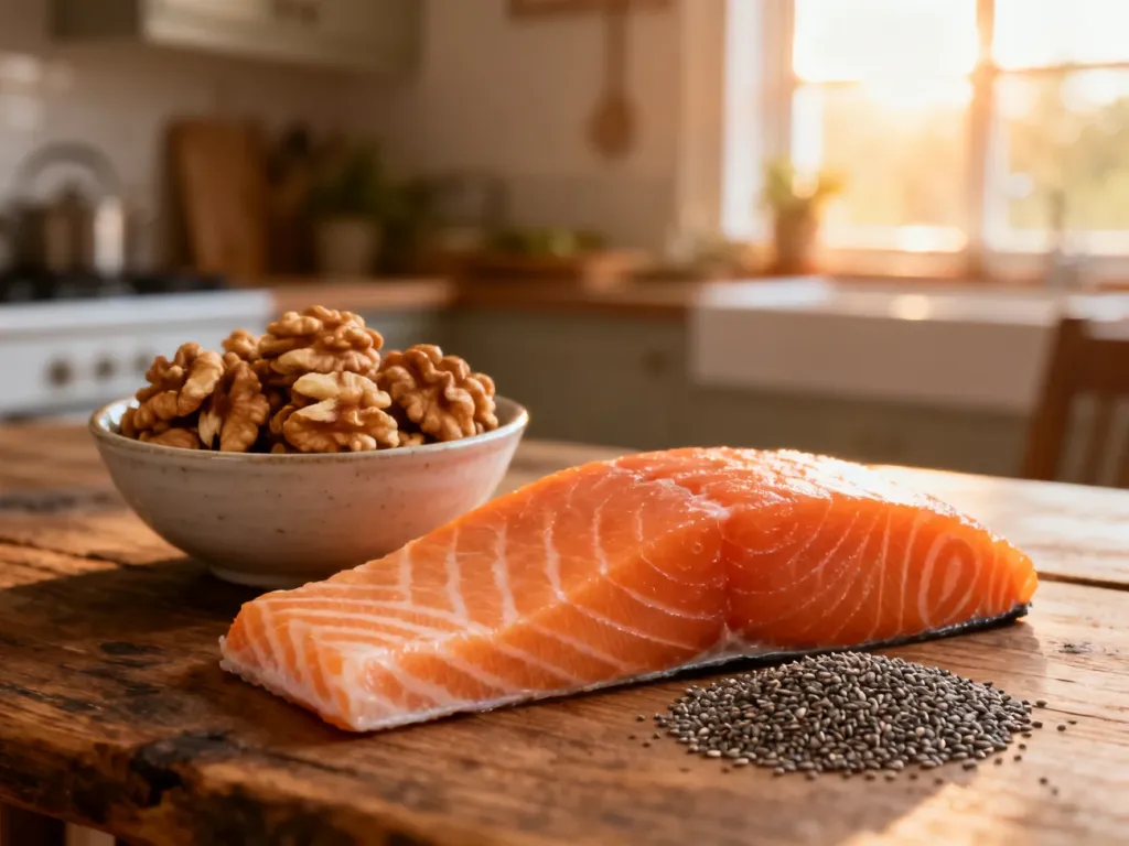 Świeży filet z łososia, orzechy włoskie i nasiona chia jako bogate źródła kwasów omega-3 na drewnianym stole.