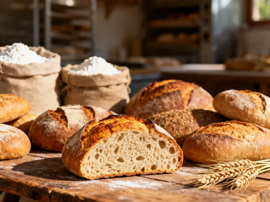 Różne rodzaje rzemieślniczego chleba na rustykalnym stole, podkreślające chrupiącą skórkę i strukturę pieczywa.