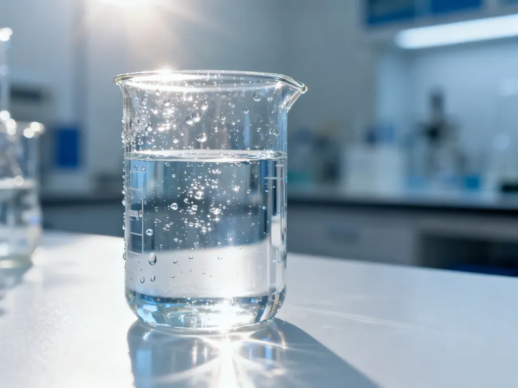 Szklana zlewka z krystalicznie czystą wodą destylowaną w sterylnym, laboratoryjnym otoczeniu.