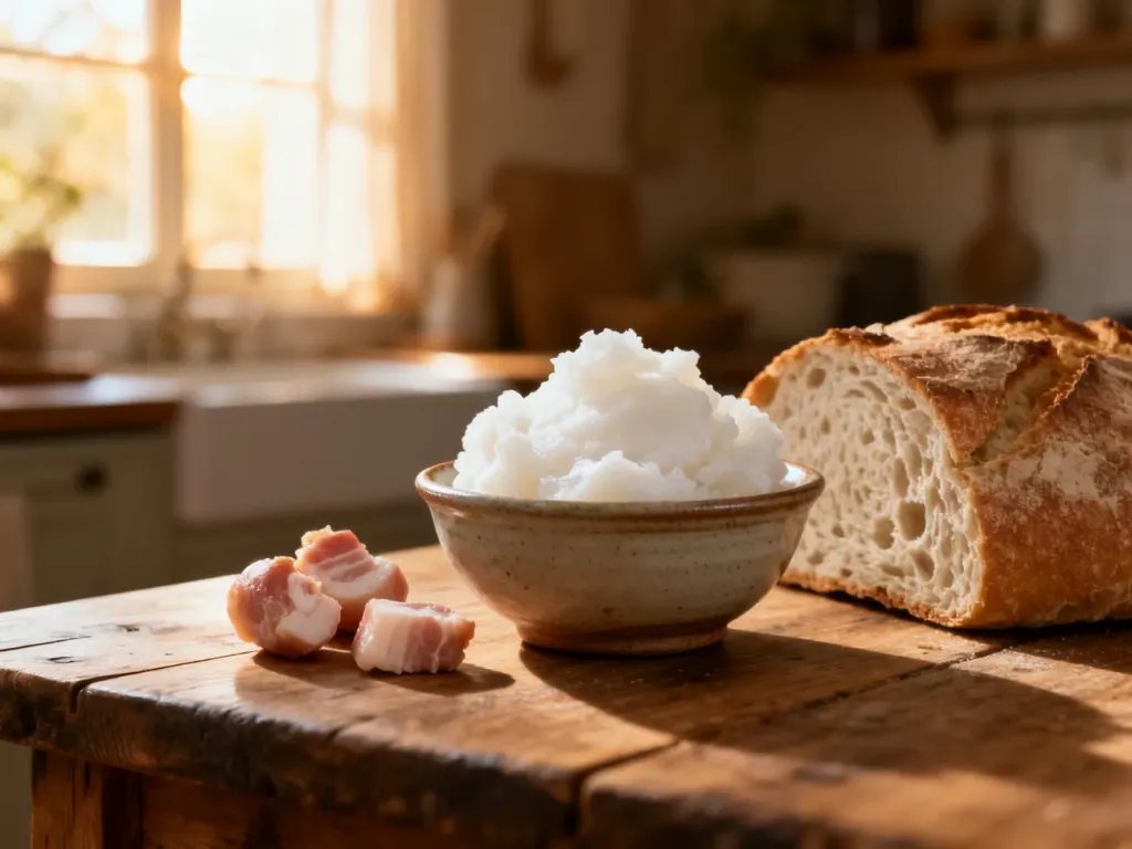 Ceramiczna miseczka ze smalcem, skwarkami i pajdą chleba na drewnianym stole w przytulnej kuchni.