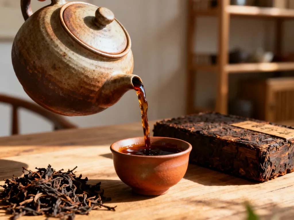 Ceramiczny czajniczek nalewający ciemny napar herbaty pu-erh do glinianej czarki w przytulnym, porannym świetle.